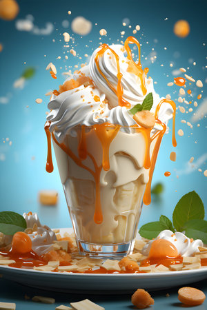 Delicious milkshake with whipped cream and caramel on blue backgroundの写真素材