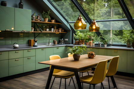 Interior of modern kitchen with green walls, wooden floor, green cupboards and dining table with yellow chairsの素材