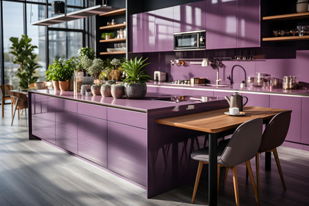 Purple modern kitchen interior with wooden countertop. 3d renderingの素材