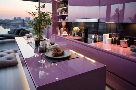 Modern kitchen in a luxury house with a beautiful view of the cityの素材