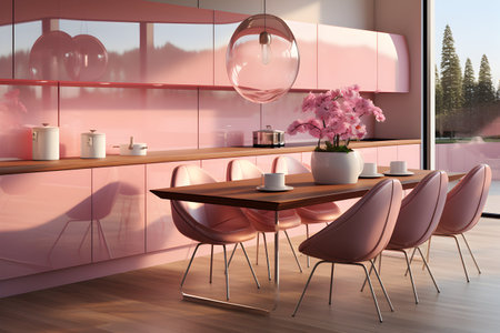 Interior of modern kitchen with pink walls, wooden floor, pink countertops and round dining table with chairs. 3d renderingの素材