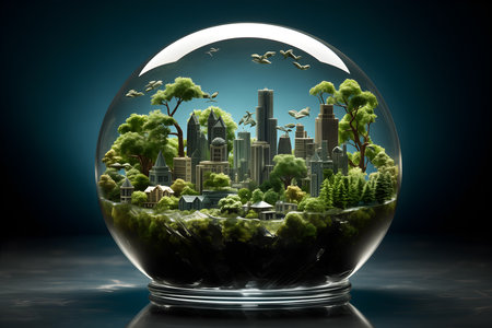 Fantasy city in a glass sphere on dark background. 3D renderingの写真素材