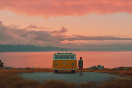 A man stands on the road and looks at the sea at sunset.の写真素材