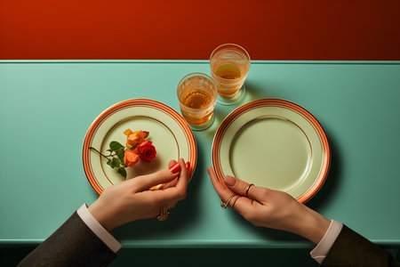 Romantic dinner. Top view of young couple sitting at the table and looking at each other