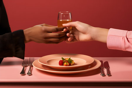 cropped shot of woman and man holding hands near plate with strawberryの写真素材