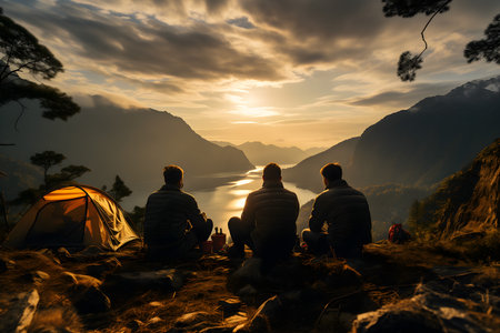 Group of friends camping on the top of a mountain at sunset.の写真素材