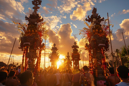 Unidentified people during the celebration of Nyepi. Nyepi is one of the most popular festivals in Indonesia.の写真素材