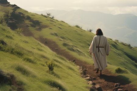 Rear view of a muslim woman in a white robe walking on a mountain pathの写真素材