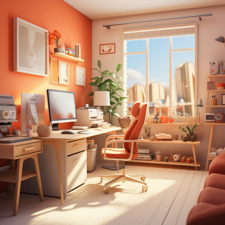 3D render of an orange and white modern office interior design.