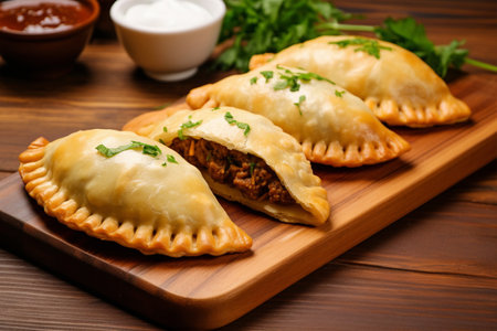 Empanadas with meat and vegetables on wooden board