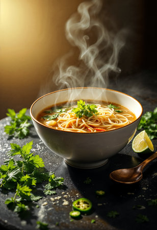 Bowl of noodle soup with herbs and spices on dark background