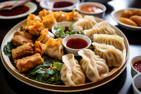 Pork dumplings with sauce and side dishes on the tableの写真素材