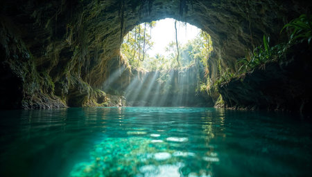 Cave with turquoise water and sunbeams through it