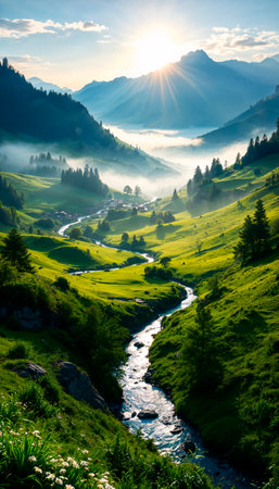 Beautiful mountain landscape with a river in the valley at sunset.