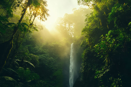 Tropical rainforest with waterfall and sunlight in the morning.の写真素材