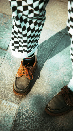 Man walking on the street wearing black and white shoesの写真素材