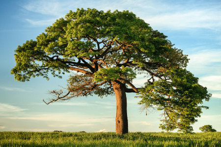 Big tree in the green field and blue sky. Nature background.の写真素材