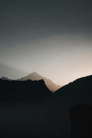 Silhouette of mountains in the evening, Pyrenees, Franceの写真素材