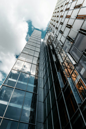 Bottom view of modern skyscrapers in business district against blue sky