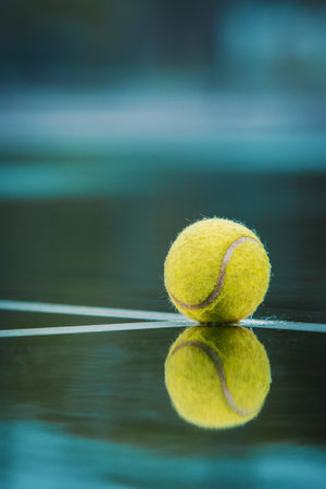 Tennis ball on a tennis court with reflection in the water.の写真素材