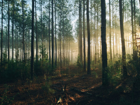 Morning in the forest. Sunrise in the forest. Morning in the forestの写真素材