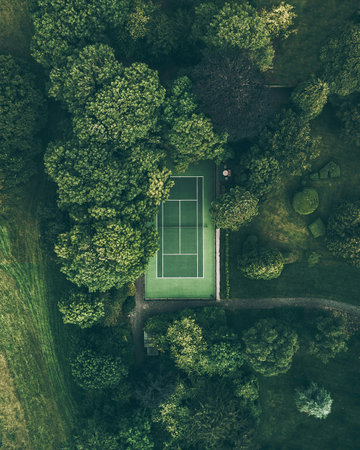 Aerial view of a tennis court in the middle of a green forestの写真素材