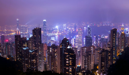 Hong Kong cityscape at night, view from Victoria Peak, China