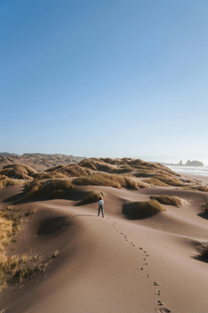 Man walking in the sand dunes at low tide on a sunny day