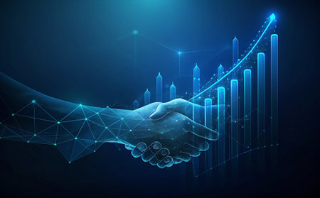 Chart graph with up arrow hologram and businessmen handshake on technology background. Rise chart barの写真素材