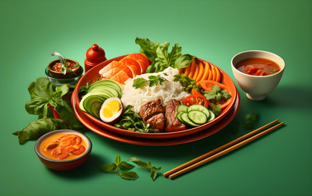 Bowl of rice with meat, vegetables and sauce on green background