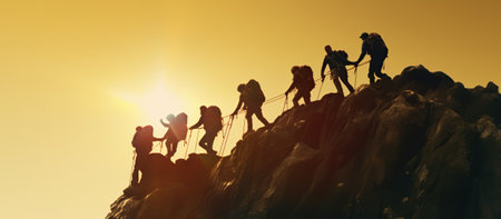 Group of people on peak mountain climbing helping team workの写真素材