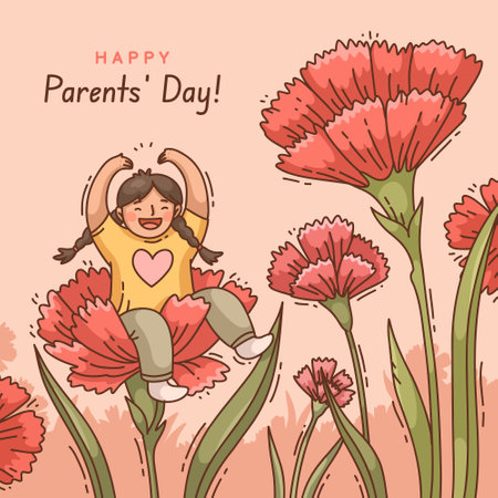Happy mother's day greeting card with cute girl and flowers. Vector illustration.のイラスト素材
