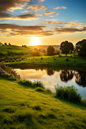 Beautiful sunset over a lake with green grass and trees in the foregroundの写真素材