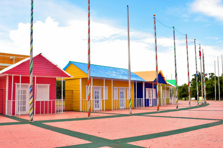 Colorful beach huts in the park on a sunny summer dayの写真素材