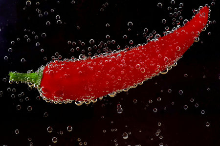 Red hot chili pepper in water with bubbles on black background close upの写真素材