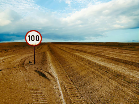 Traffic sign on a dirt road in the steppe of Kazakhstanの写真素材