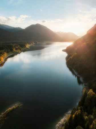 Aerial view of beautiful mountain lake at sunset. Beautiful autumn landscape.の写真素材