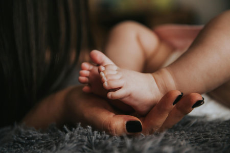 Newborn baby feet in the hands of a mother, close-up