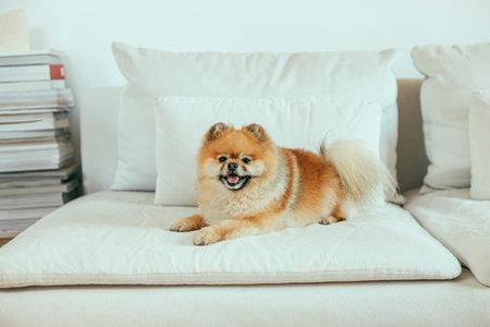 Cute Pomeranian dog lying on the bed in the roomの写真素材