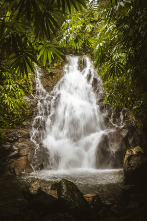 Beautiful waterfall in tropical forest, Thailand. Shallow depth of field.