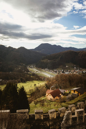 View of the Carpathian Mountains from the fortress in Transylvania, Romaniaの写真素材