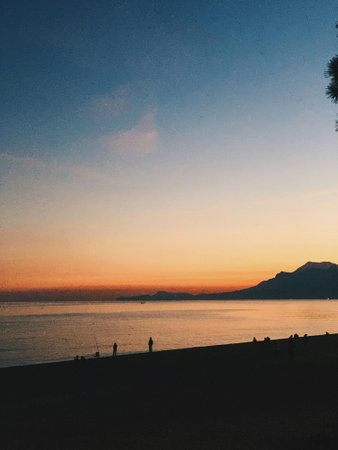 Sunset at the beach of Sorrento, Campania, Italyの写真素材