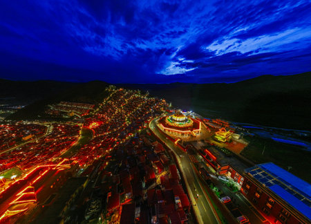 Tibetan city at night, view from a bird's eye viewの写真素材