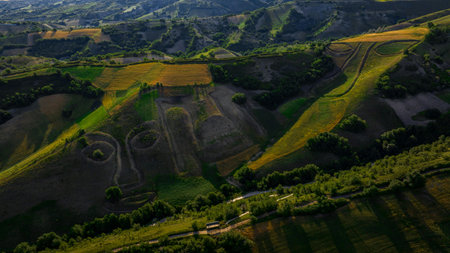 Aerial view of cultivated fields in Tuscany, Italy.