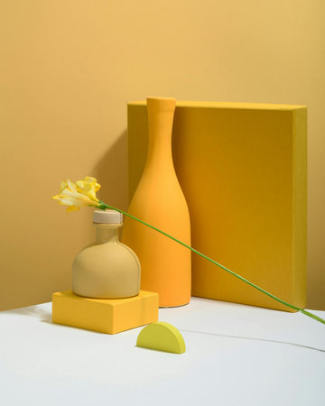 yellow vase with yellow flower on white table and yellow wall backgroundの写真素材