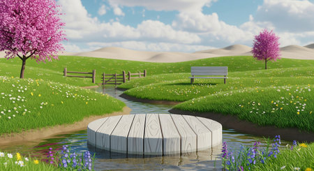 3d render of a park with a bench and a pond.の写真素材