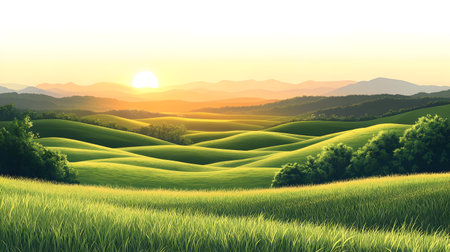 Rural landscape with green fields and mountains at sunset. Vector illustration.の写真素材