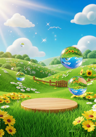 Wooden platform on green meadow with daisies and cloudsの写真素材