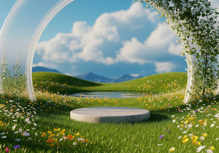 3D rendering of a white podium on a green lawn with flowers and a beautiful archの写真素材