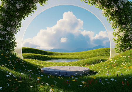 3d render of round podium in green grass with flowers and skyの写真素材